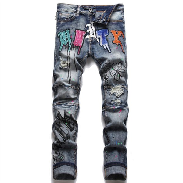 Men's Skinny Stretch Embroidery Printed Tapered Jeans - Image 8