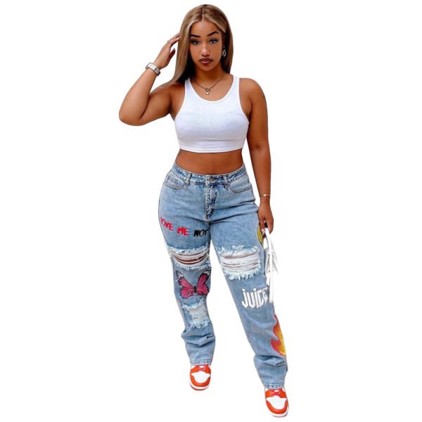 Women's Digital Positioning Print Ripped Fashion Jeans - Image 8