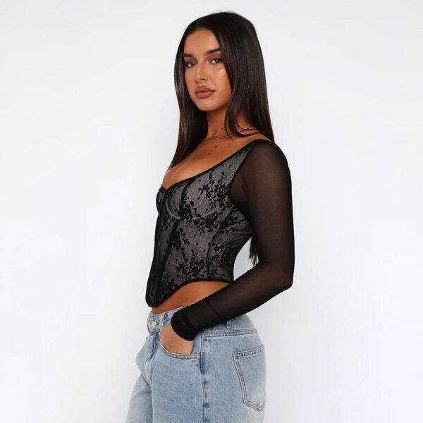 Lace Stitching Girdle Printed Long-sleeved Top - Image 2