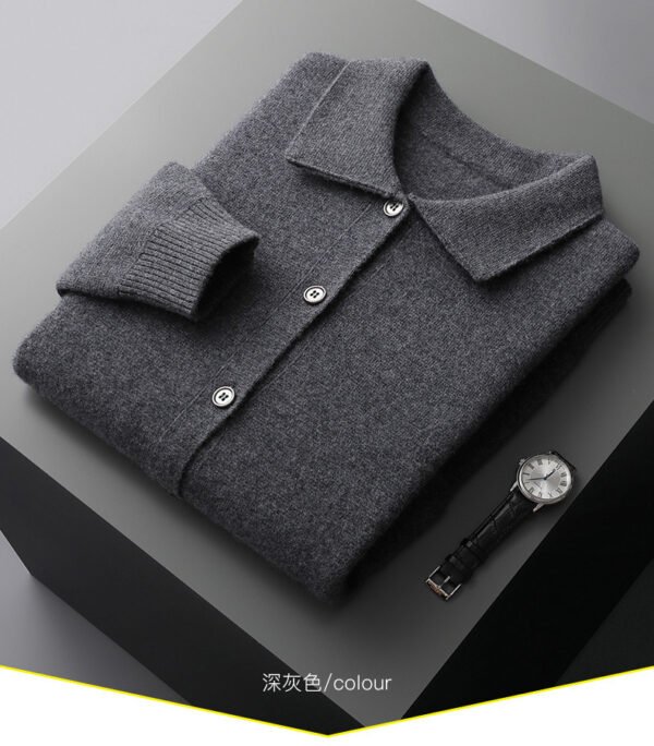 Men's Polo Collar Solid Color Wool Cardigan Autumn Winter Retro Pocket Thick Coat - Image 10