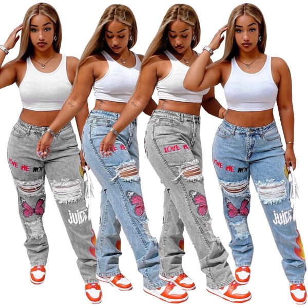 Women's Digital Positioning Print Ripped Fashion Jeans - Image 2