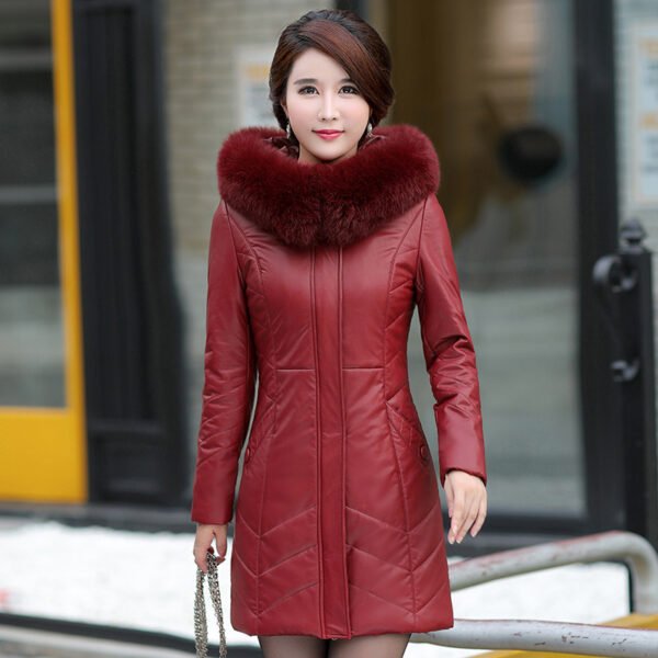 Middle-Aged And Elderly Women's Leather Casual Mid-Length Cotton Jacket - Image 2