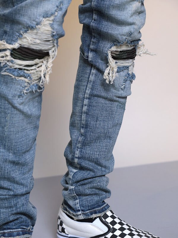 Mens Ripped Washed Blue Denim Jeans - Image 5
