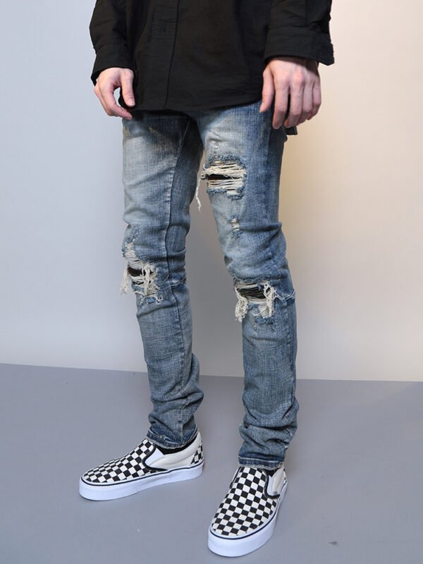 Mens Ripped Washed Blue Denim Jeans - Image 3