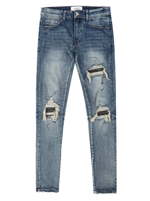 Mens Ripped Washed Blue Denim Jeans - Image 2