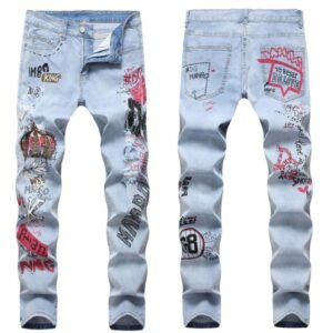 High Street Hip-Hop Ripped Print Stretch Jeans