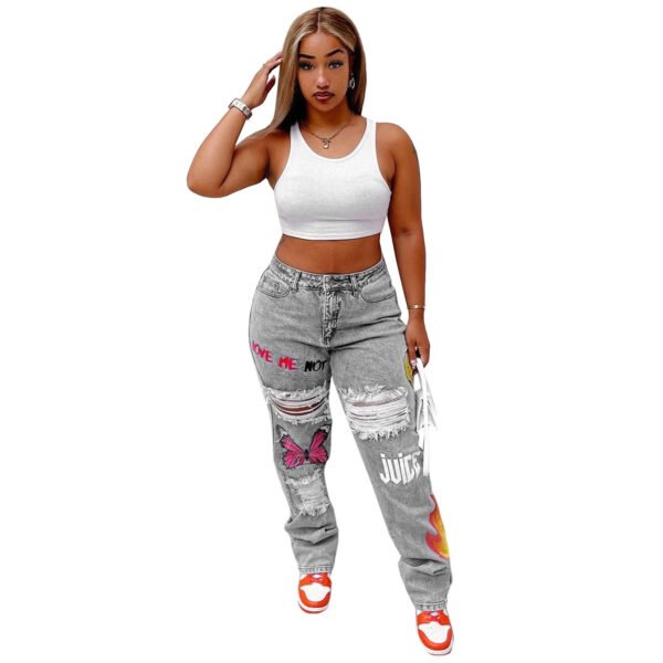 Women's Digital Positioning Print Ripped Fashion Jeans - Image 5