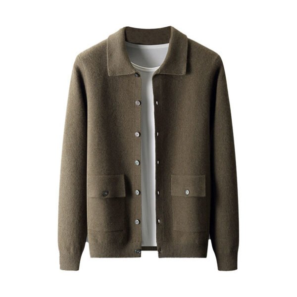 Men's Polo Collar Solid Color Wool Cardigan Autumn Winter Retro Pocket Thick Coat - Image 6