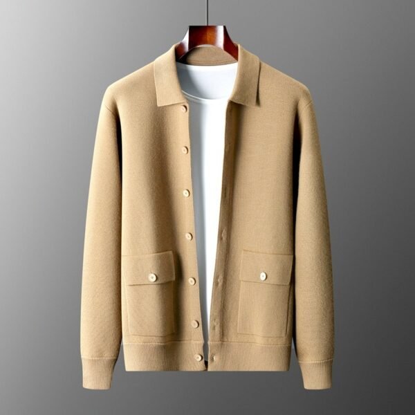 Men's Polo Collar Solid Color Wool Cardigan Autumn Winter Retro Pocket Thick Coat - Image 8
