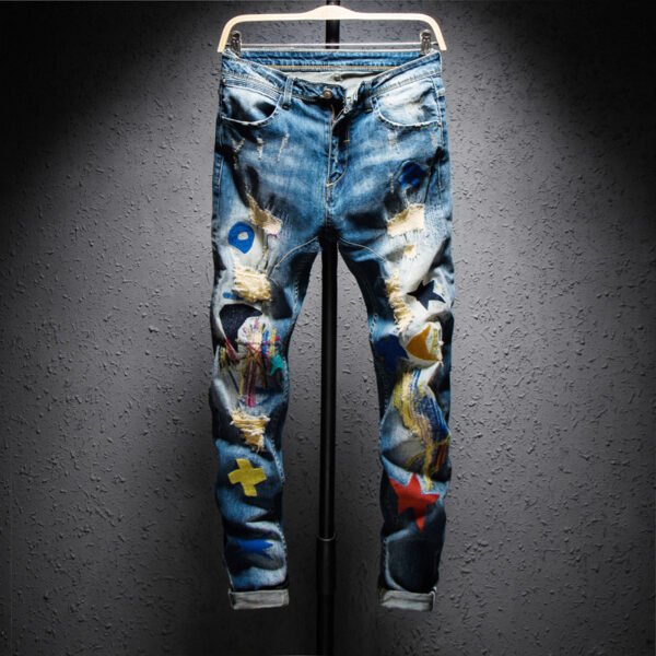 Colorful Embroidered Hole Patch Jeans - Image 6