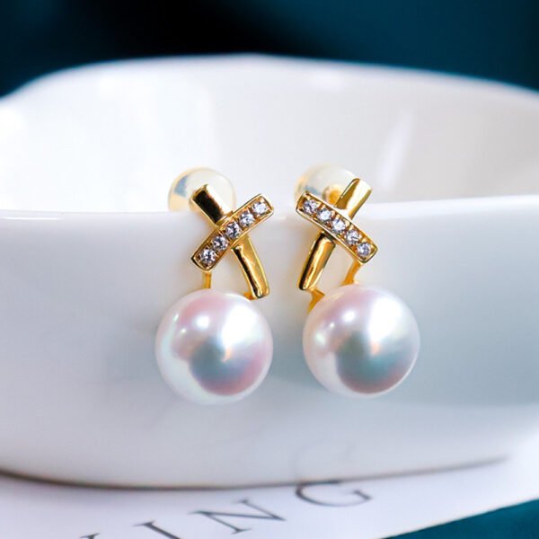 18K Gold Zircon Cross Earrings Sea Pearl - Image 2