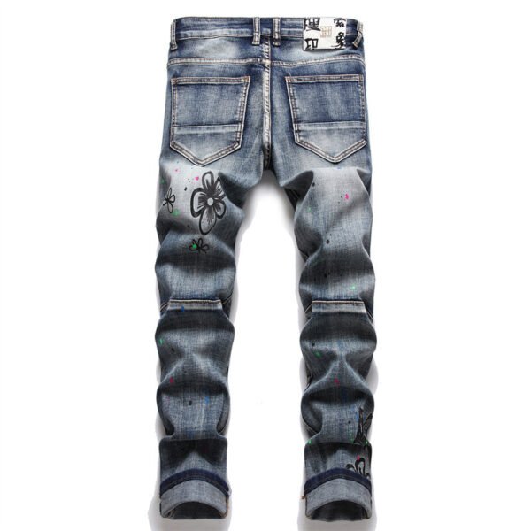Men's Skinny Stretch Embroidery Printed Tapered Jeans - Image 7