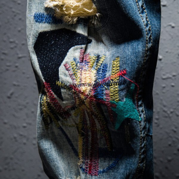 Colorful Embroidered Hole Patch Jeans - Image 5