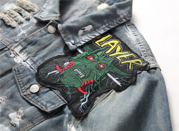 Embroidered Lapel Men's Casual Denim Jacket - Image 5