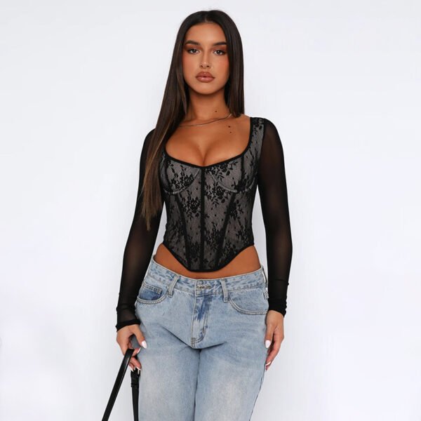 Lace Stitching Girdle Printed Long-sleeved Top - Image 3