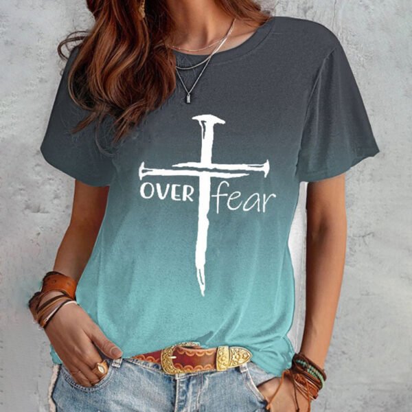 Summer Short Sleeve T-shirt Cross And Letter Print Tops Women - Image 6