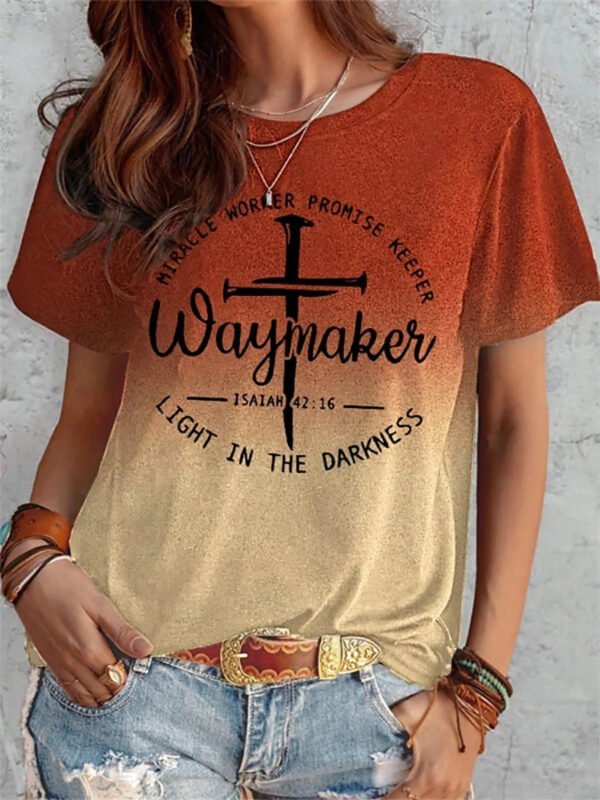 Summer Short Sleeve T-shirt Cross And Letter Print Tops Women - Image 7