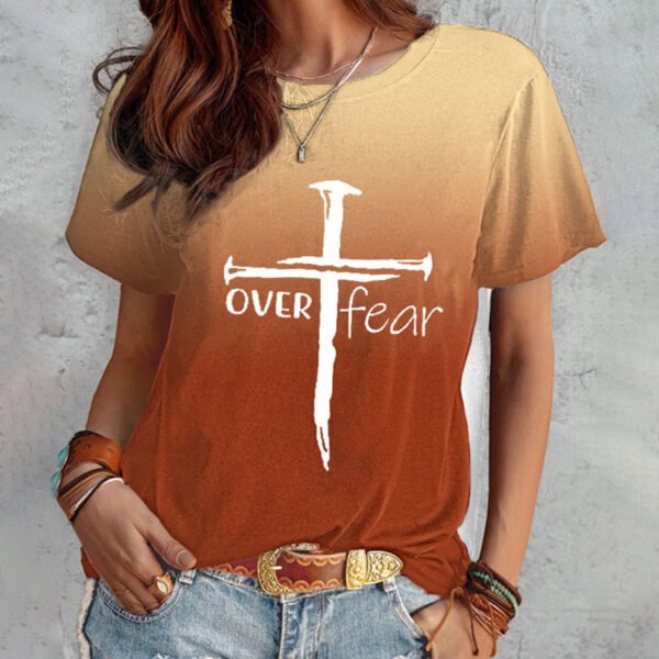 Summer Short Sleeve T-shirt Cross And Letter Print Tops Women - Image 2