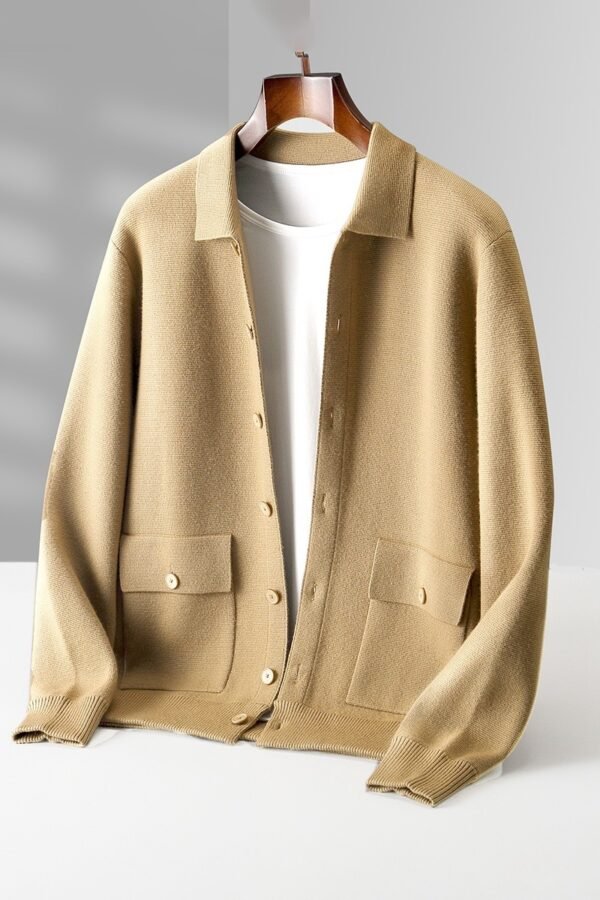 Men's Polo Collar Solid Color Wool Cardigan Autumn Winter Retro Pocket Thick Coat - Image 3