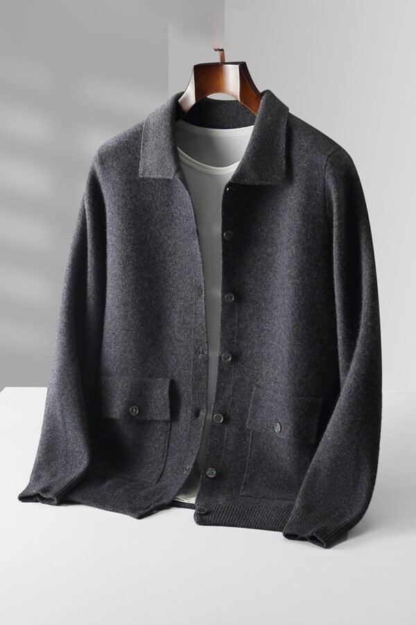 Men's Polo Collar Solid Color Wool Cardigan Autumn Winter Retro Pocket Thick Coat - Image 4
