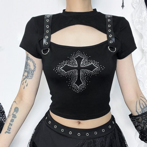 O-neck Short Street Style Trendy Slim Cross Hot Drilling Hollow T-shirt - Image 2