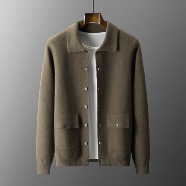 Men's Polo Collar Solid Color Wool Cardigan Autumn Winter Retro Pocket Thick Coat - Image 9