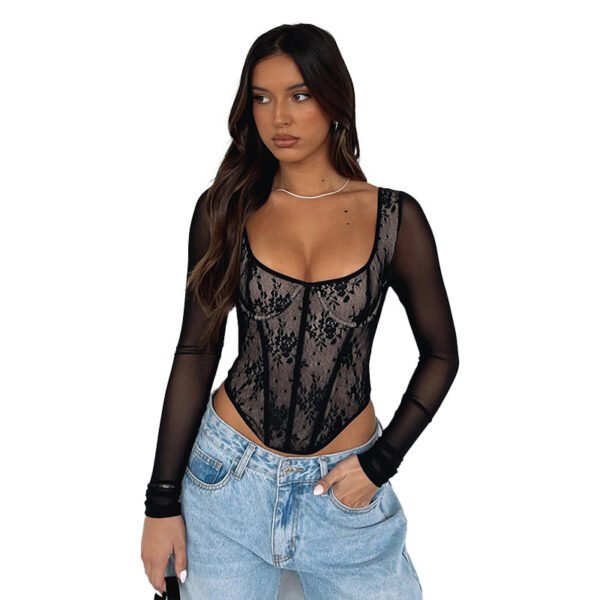 Lace Stitching Girdle Printed Long-sleeved Top - Image 5