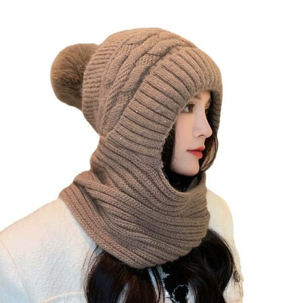 Women's  One-piece Hat With Scarf Warm Thickened Ears Protection  Woolen Cap - Image 2