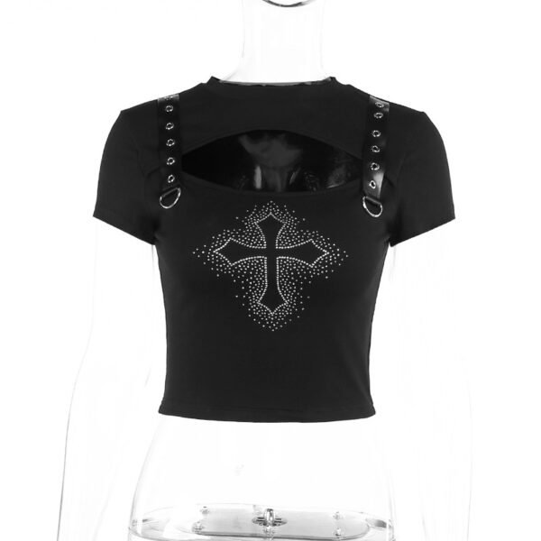 O-neck Short Street Style Trendy Slim Cross Hot Drilling Hollow T-shirt - Image 6
