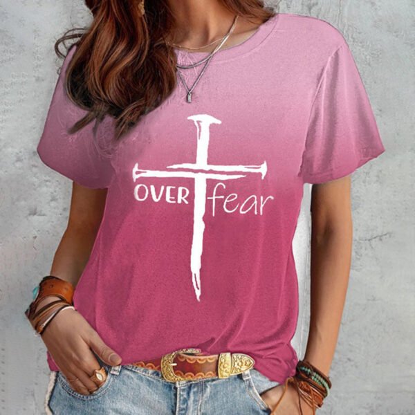 Summer Short Sleeve T-shirt Cross And Letter Print Tops Women - Image 3