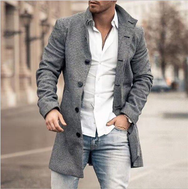 Fall Winter Men Woolen Stand Collar Mid-length Pocket Casual Coat - Image 4