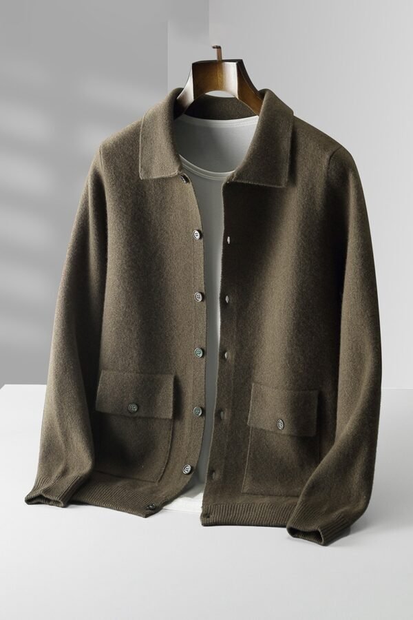 Men's Polo Collar Solid Color Wool Cardigan Autumn Winter Retro Pocket Thick Coat - Image 2