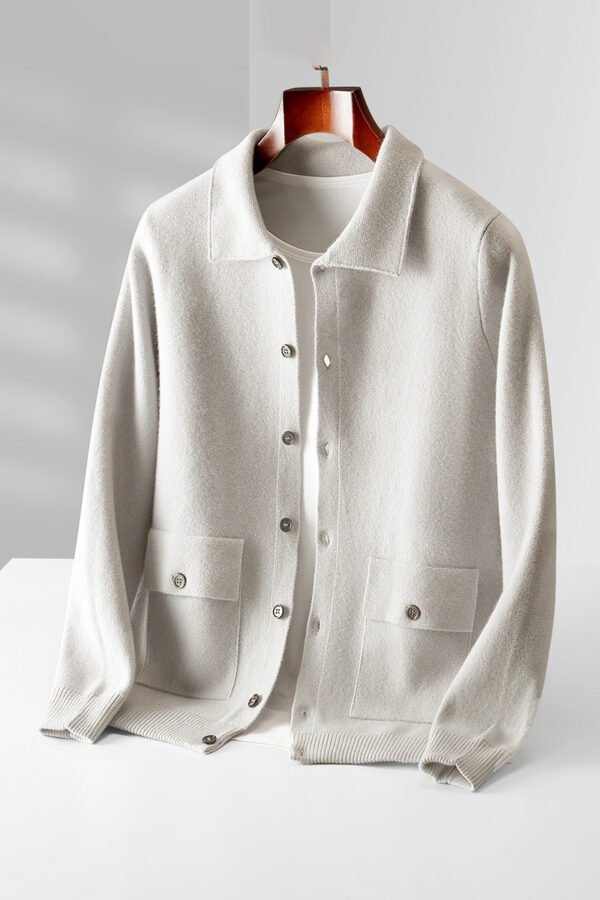 Men's Polo Collar Solid Color Wool Cardigan Autumn Winter Retro Pocket Thick Coat - Image 5