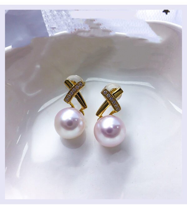 18K Gold Zircon Cross Earrings Sea Pearl - Image 5