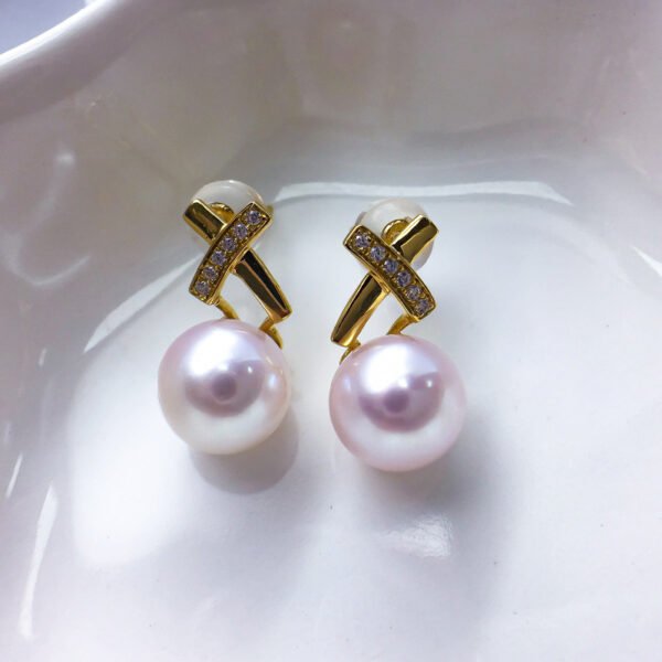 18K Gold Zircon Cross Earrings Sea Pearl - Image 3