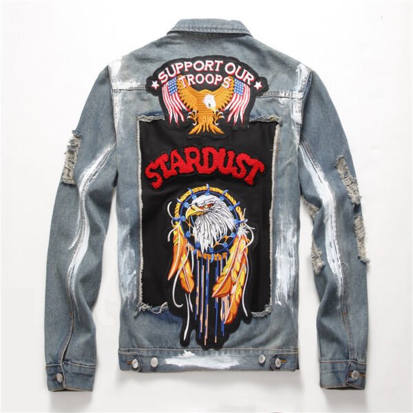 Embroidered Lapel Men's Casual Denim Jacket - Image 4