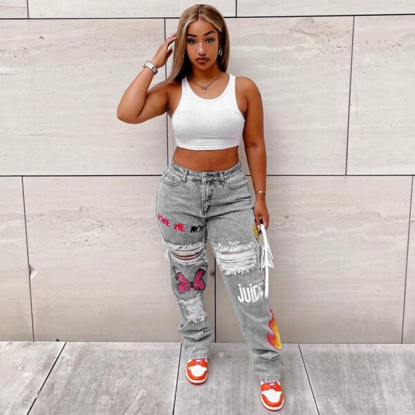 Women's Digital Positioning Print Ripped Fashion Jeans - Image 9