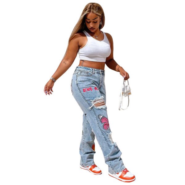 Women's Digital Positioning Print Ripped Fashion Jeans - Image 3