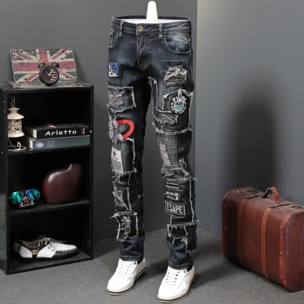 Men's Shredded Patch Embroidered Badge Jeans - Image 4