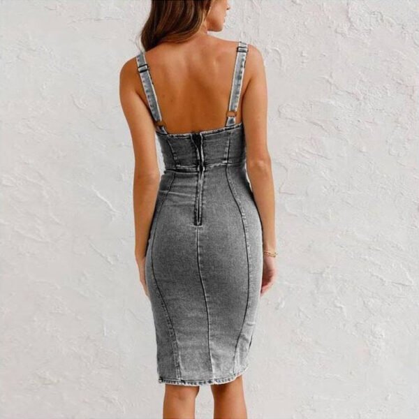 New U-neck Suspender Denim Dress Summer Casual Tight Slim Fit Dresses With Slit Design Womens Clothing - Image 3